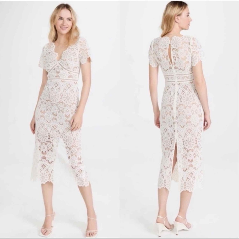 ⚡️Self-Portrait Ivory Floral Guipure V-Neck Midi Dress, Size US 4 (UK 8), NWT